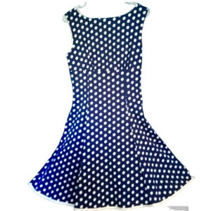Acevog Navy White Polkadot Swing Dress Size Medium Midi Length